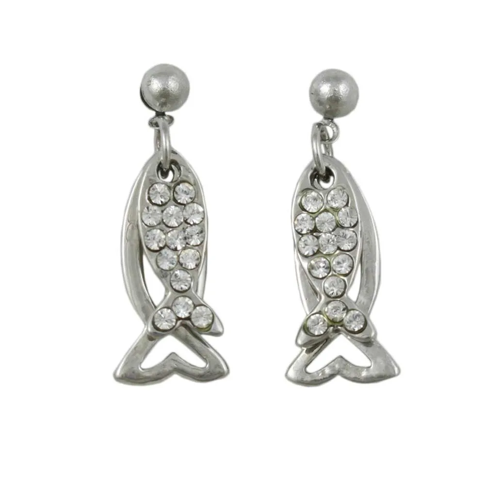 Silver and Crystal Dual Dangling Fish Pierced Earring - REC906