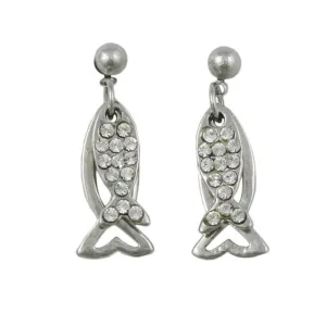 Silver and Crystal Dual Dangling Fish Pierced Earring - REC906