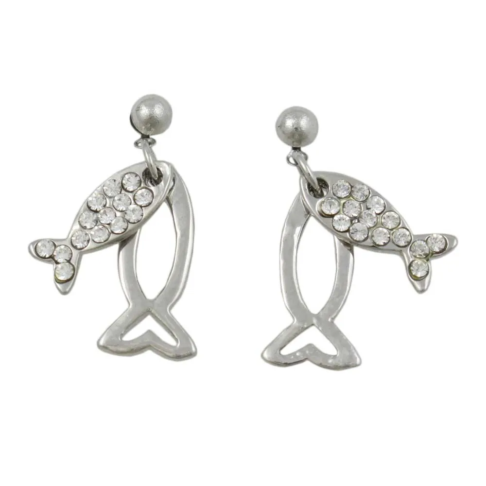 Silver and Crystal Dual Dangling Fish Pierced Earring - REC906