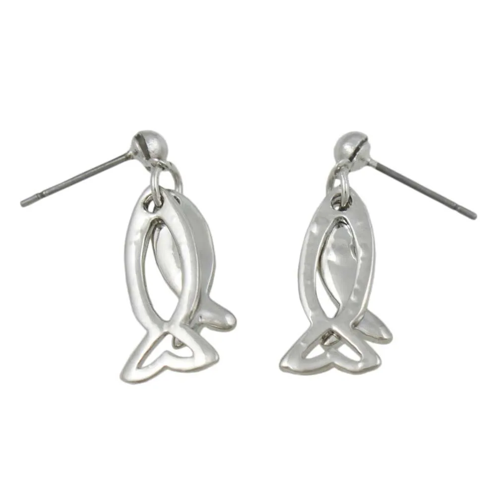 Silver and Crystal Dual Dangling Fish Pierced Earring - REC906