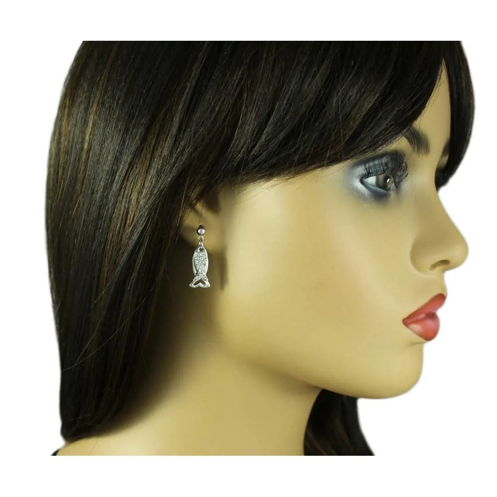 Silver and Crystal Dual Dangling Fish Pierced Earring - REC906