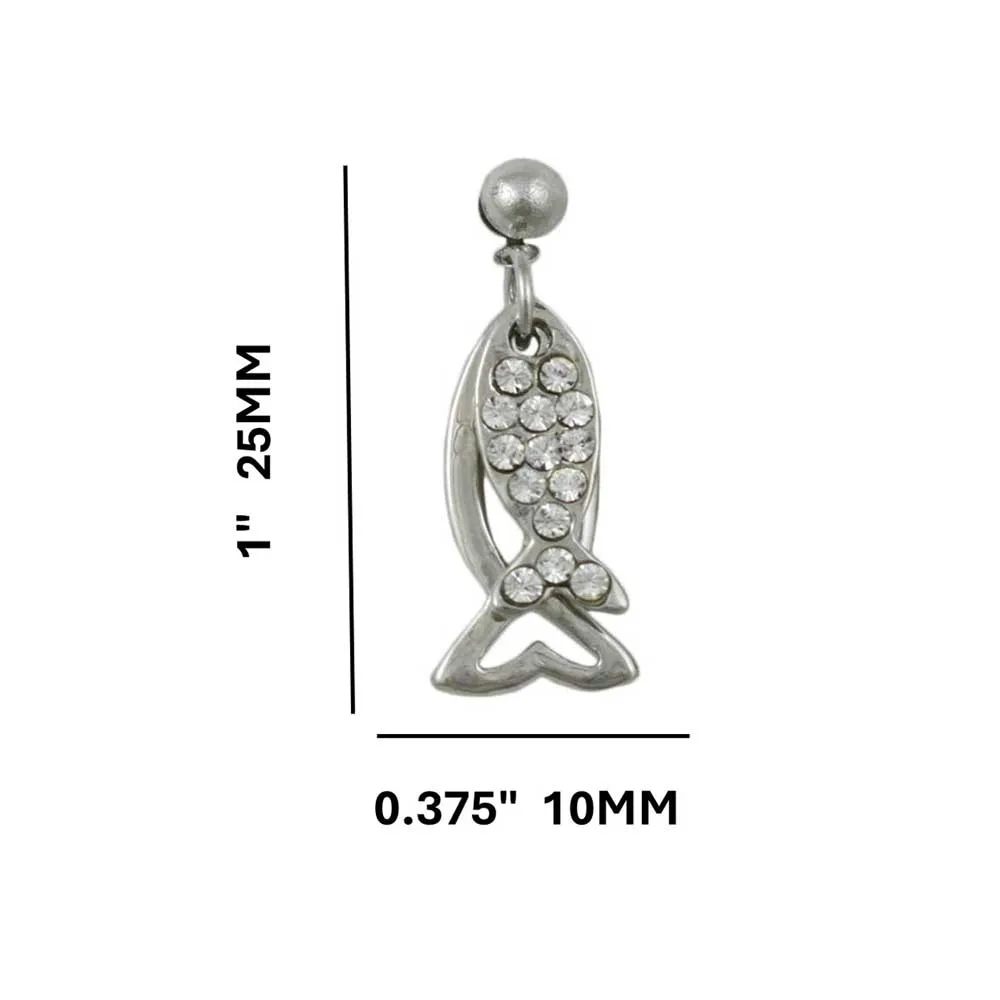 Silver and Crystal Dual Dangling Fish Pierced Earring - REC906