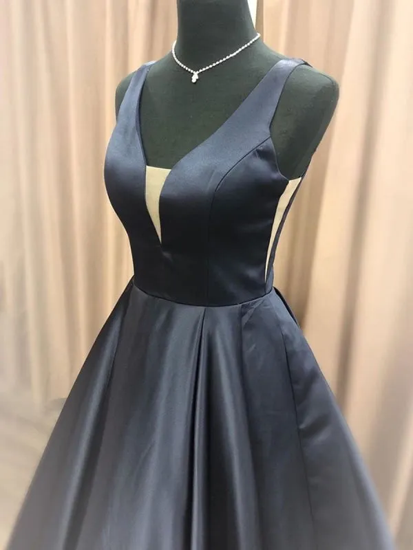 Simple A Line V Neck Black Long Prom, Black Formal Graduation Evening