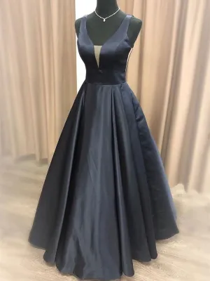Simple A Line V Neck Black Long Prom, Black Formal Graduation Evening