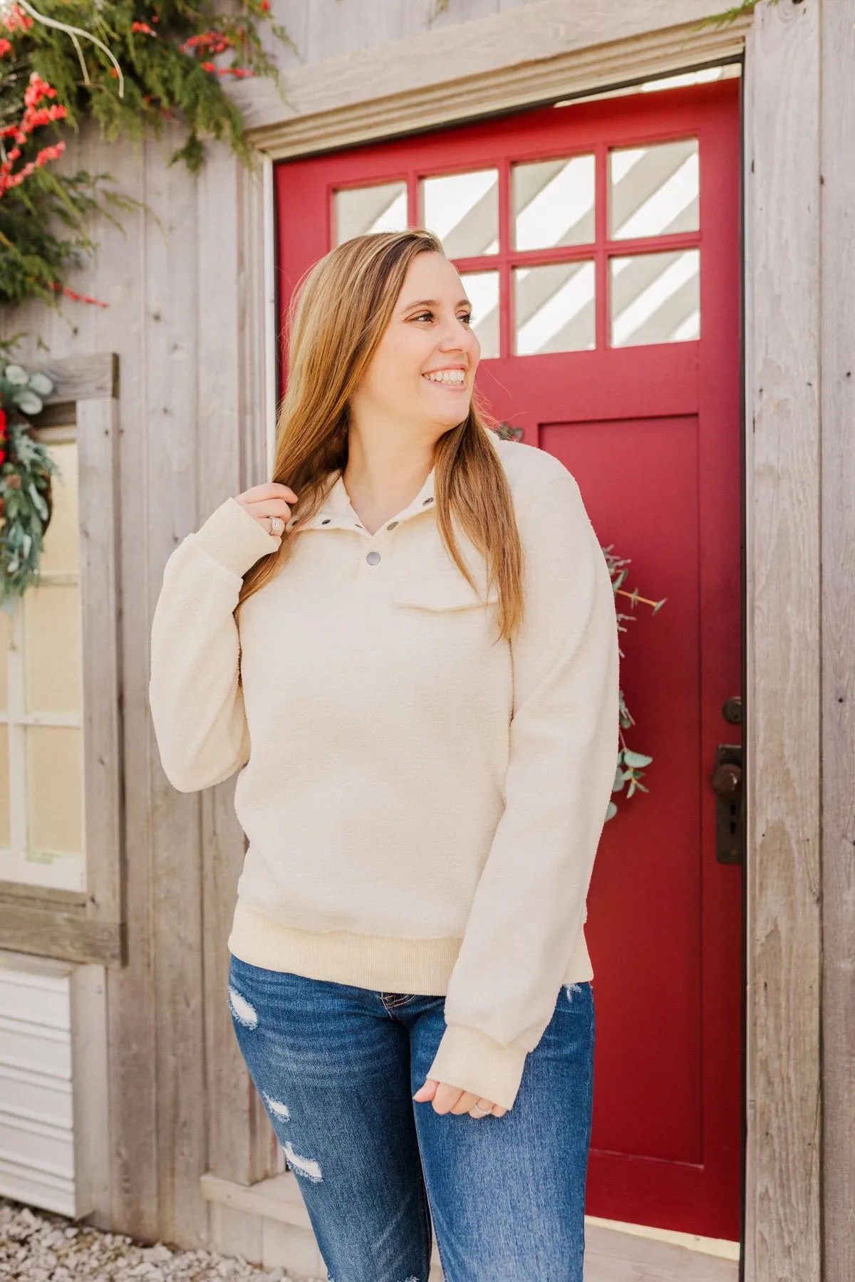 Simple Days Plush Button Pullover- Cream