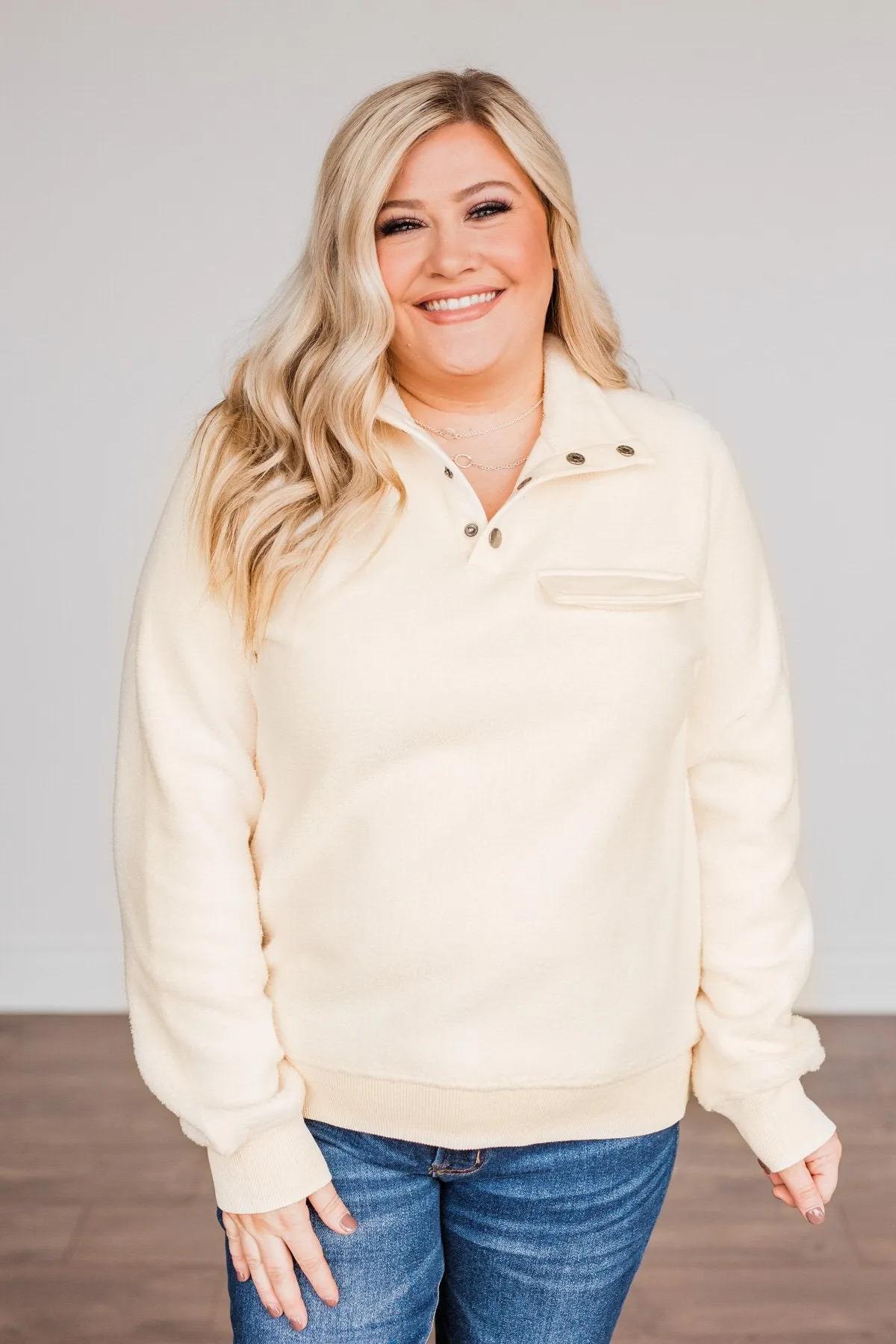 Simple Days Plush Button Pullover- Cream
