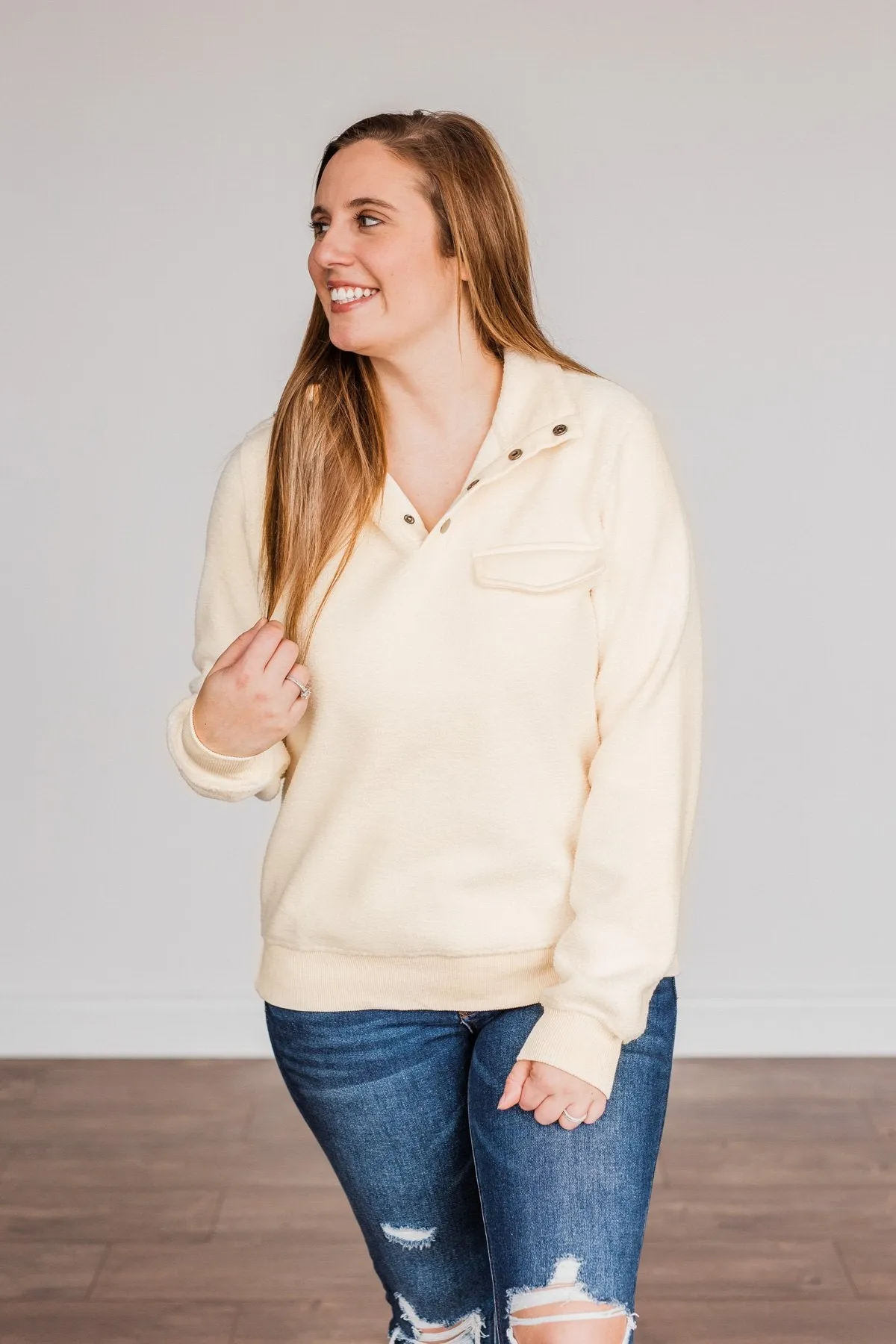 Simple Days Plush Button Pullover- Cream