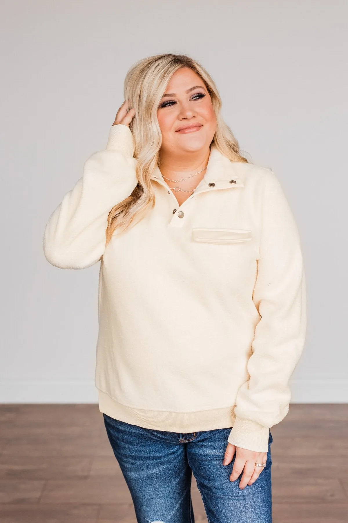 Simple Days Plush Button Pullover- Cream