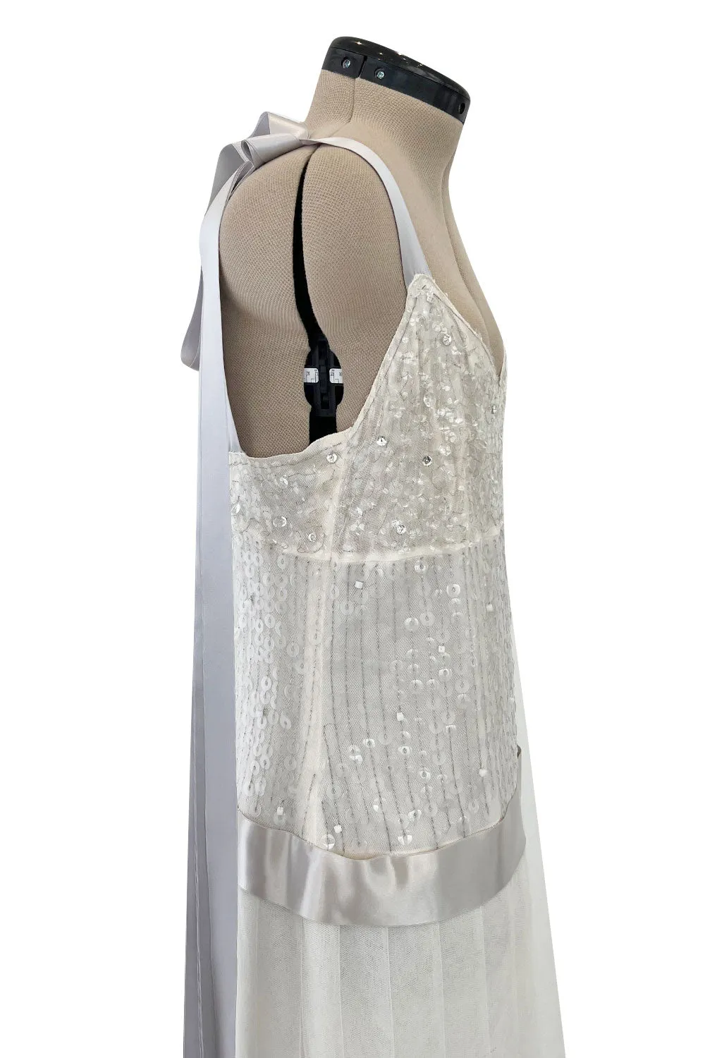 Stunning 2005 Chanel by Karl Lagerfeld White Sequin Detailed & Silk Tulle Dress w Ribbon Detail