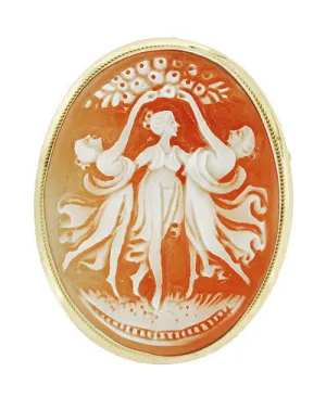 Three Graces Carnelian Hand Carved Shell Cameo Pin and Pendant in 14 Karat Gold