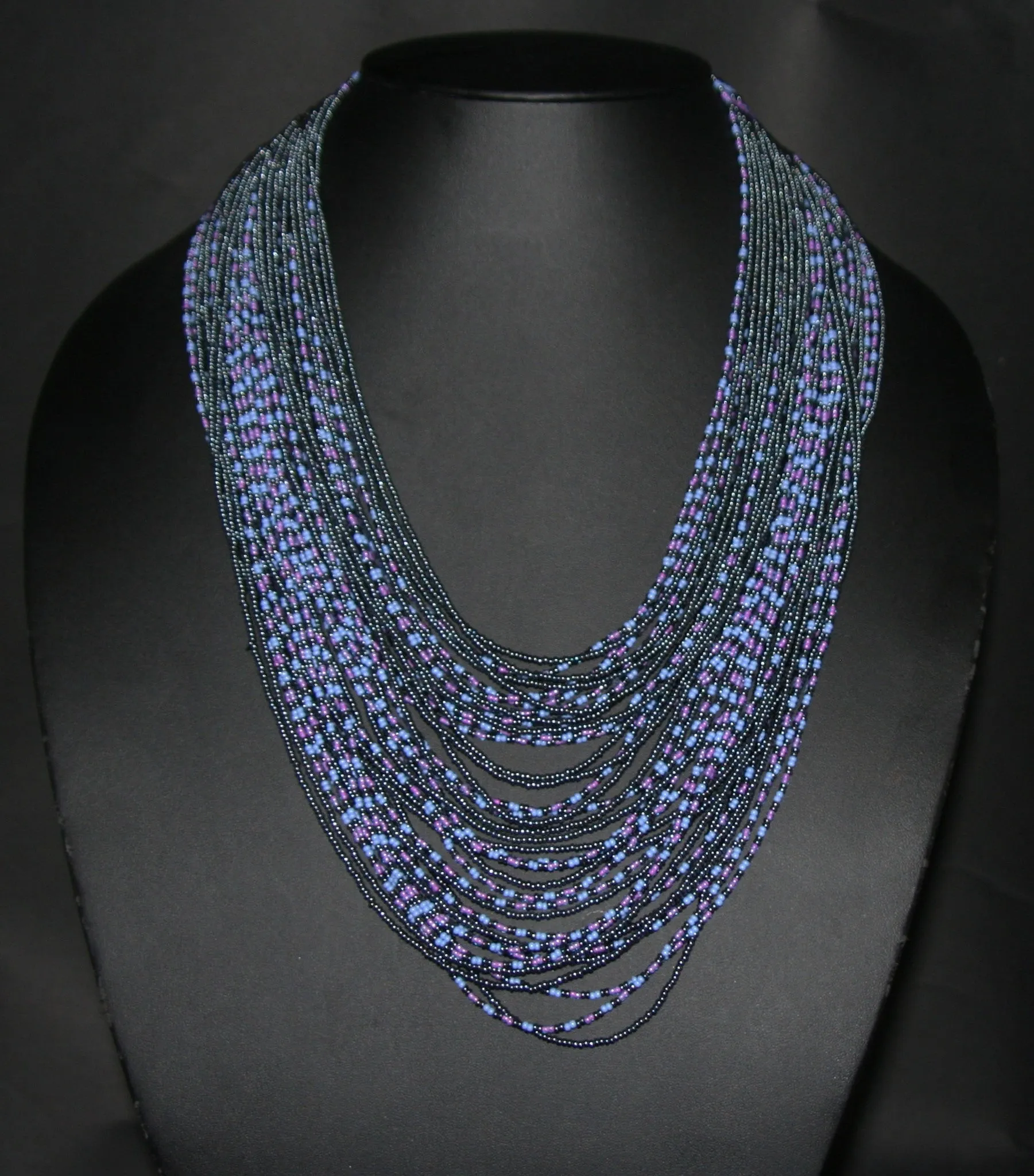 Tribal Beaded Multistrand African Necklace Baby Blue Pink & Graphite Colors