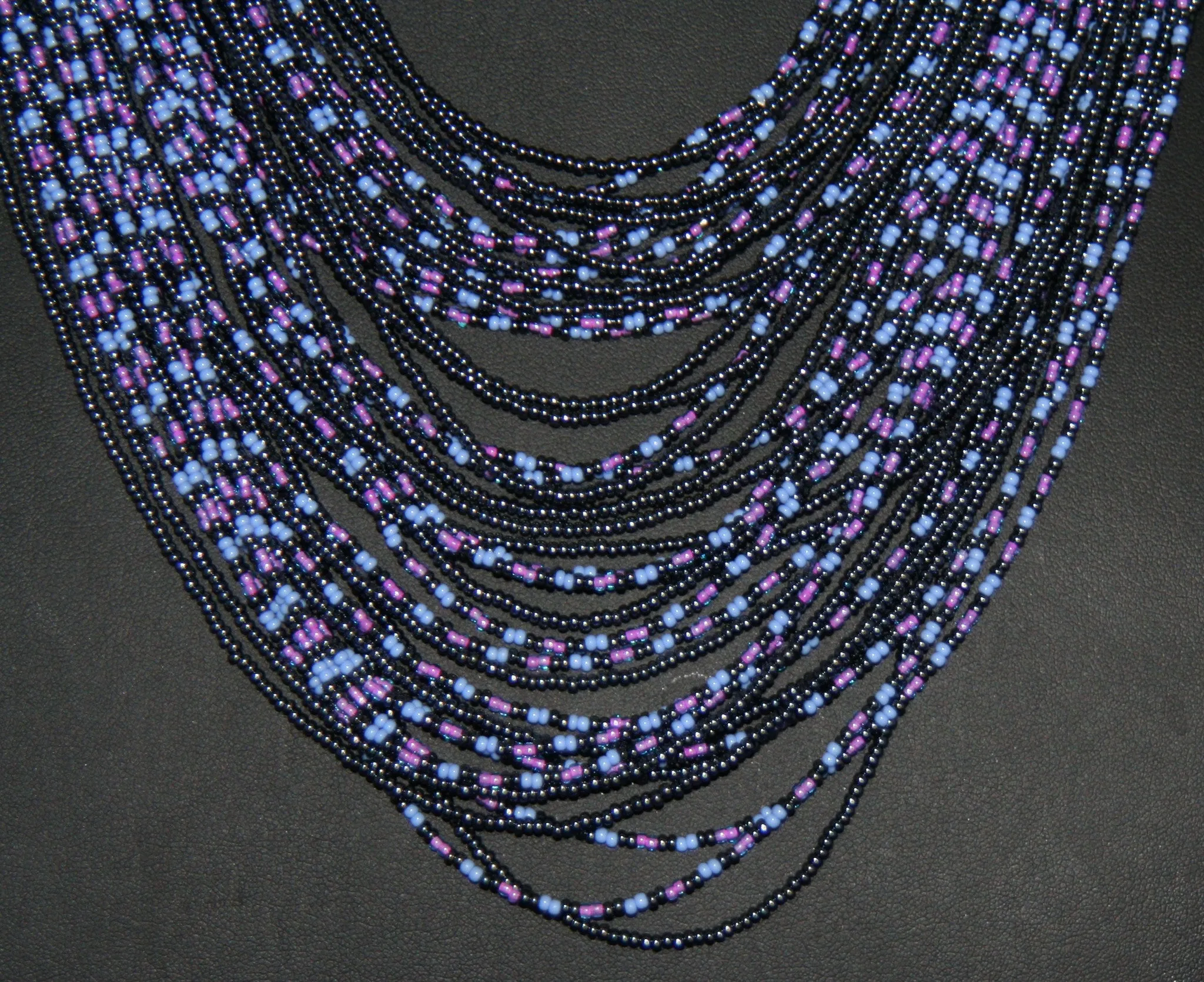 Tribal Beaded Multistrand African Necklace Baby Blue Pink & Graphite Colors