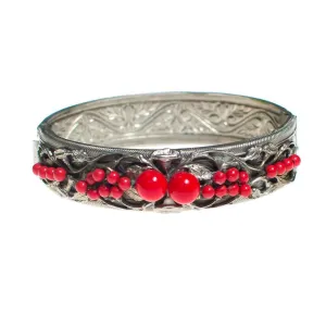 Vintage 1920s 1930s Czech Silver Tone Bangle Bracelet with Red Beads and Embossed Floral Details