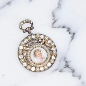 Vintage 1950s Faux Pocket Watch Brooch Decorated with Ladies Portrait in Limoges with Faux Pearls and Diamante Accents
