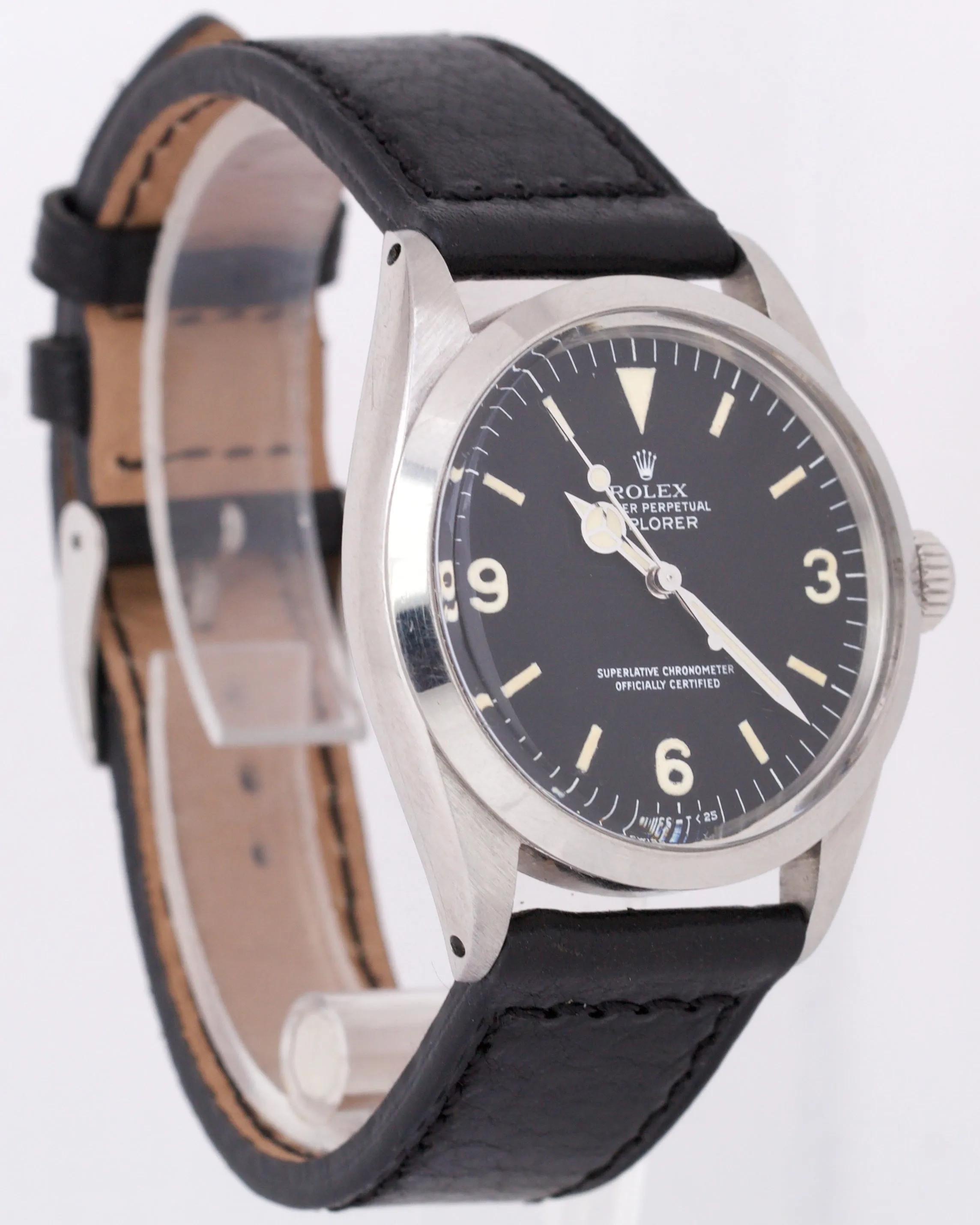 VINTAGE 1975 Rolex Explorer Stainless Steel Black 36mm 3-6-9 Leather 1016 Watch