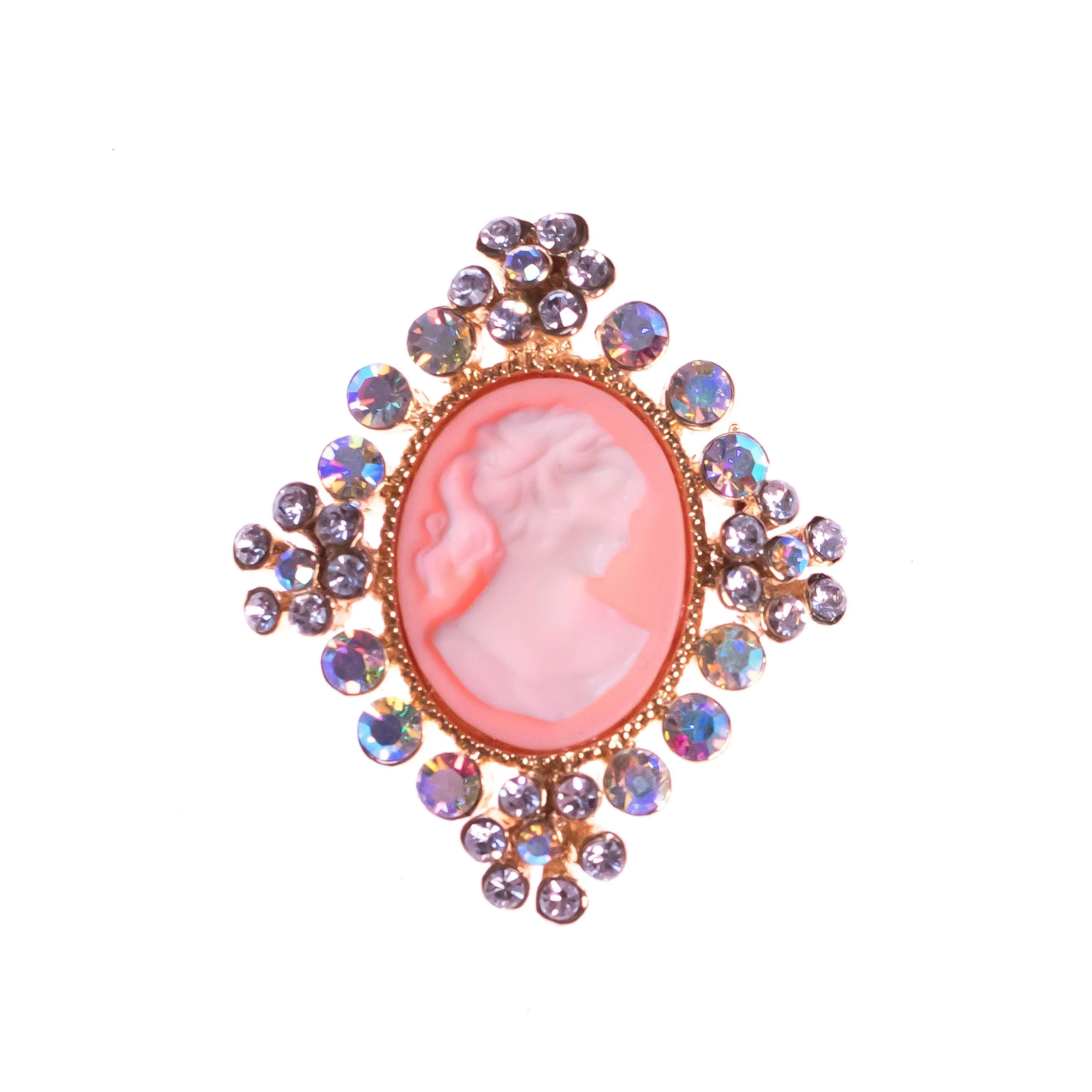 Vintage 1990s Aurora Borealis Cameo Brooch with Rhinestone Detailing