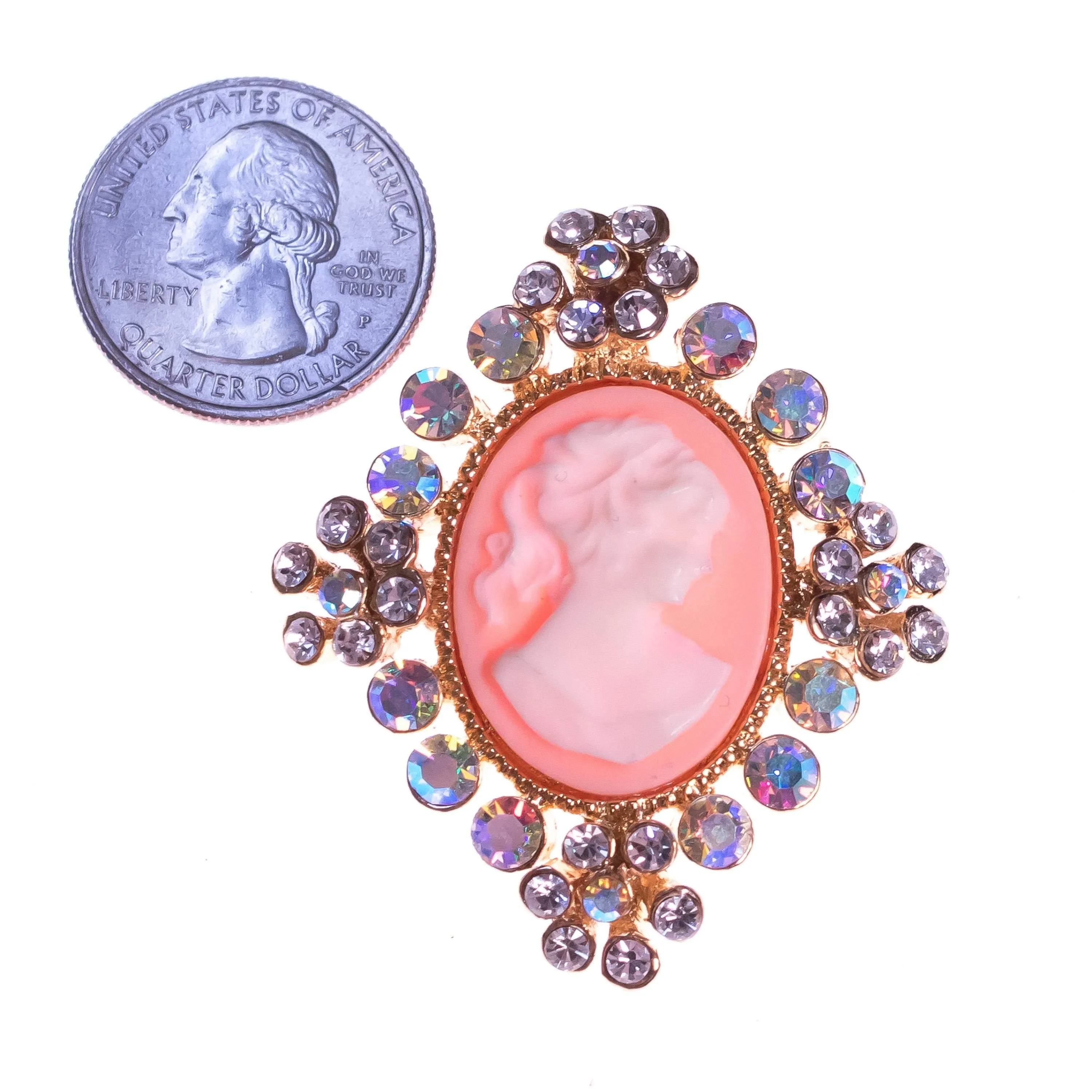 Vintage 1990s Aurora Borealis Cameo Brooch with Rhinestone Detailing