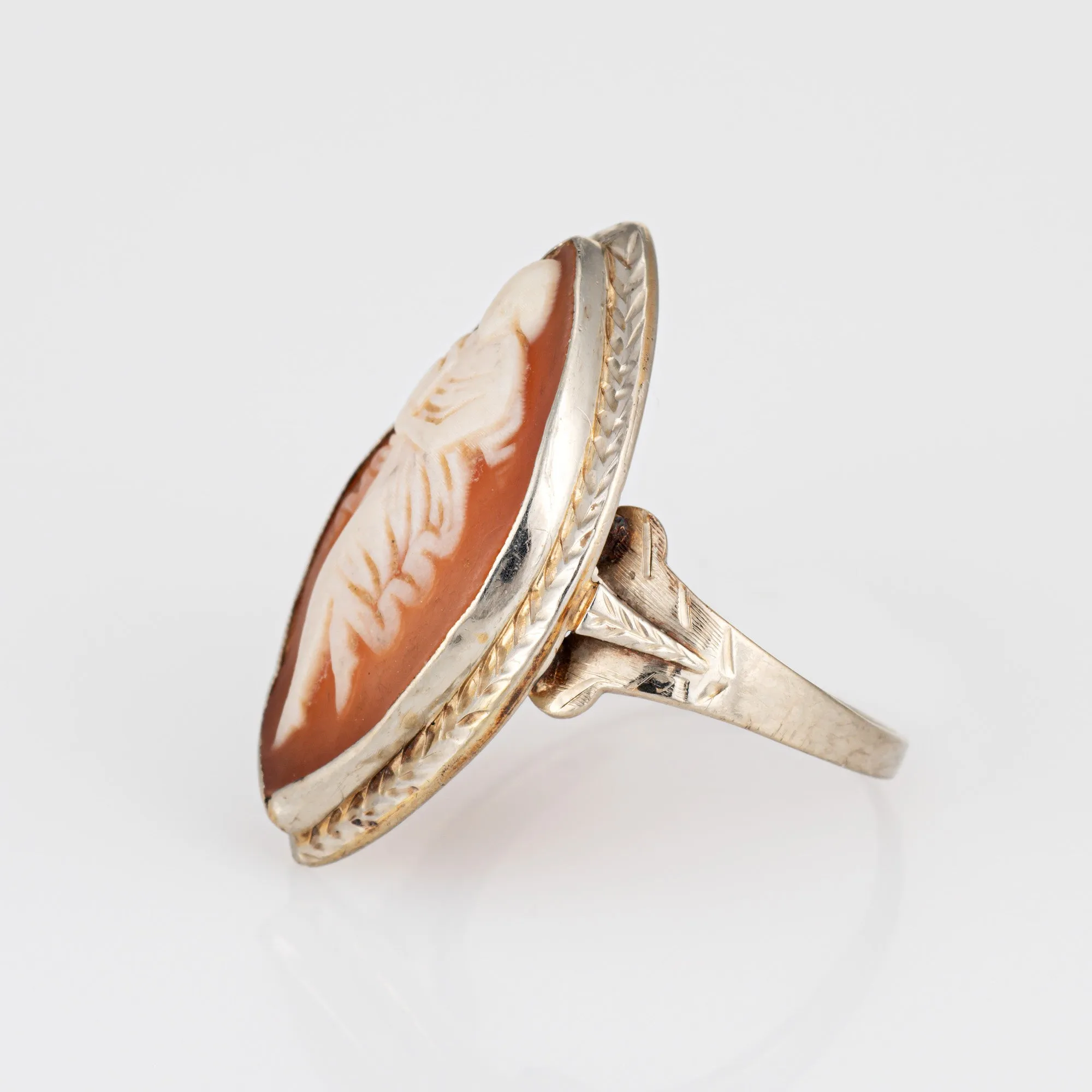 Vintage Art Deco Cameo Ring 14k White Gold Marquise Cocktail Sz 5.75 Jewelry