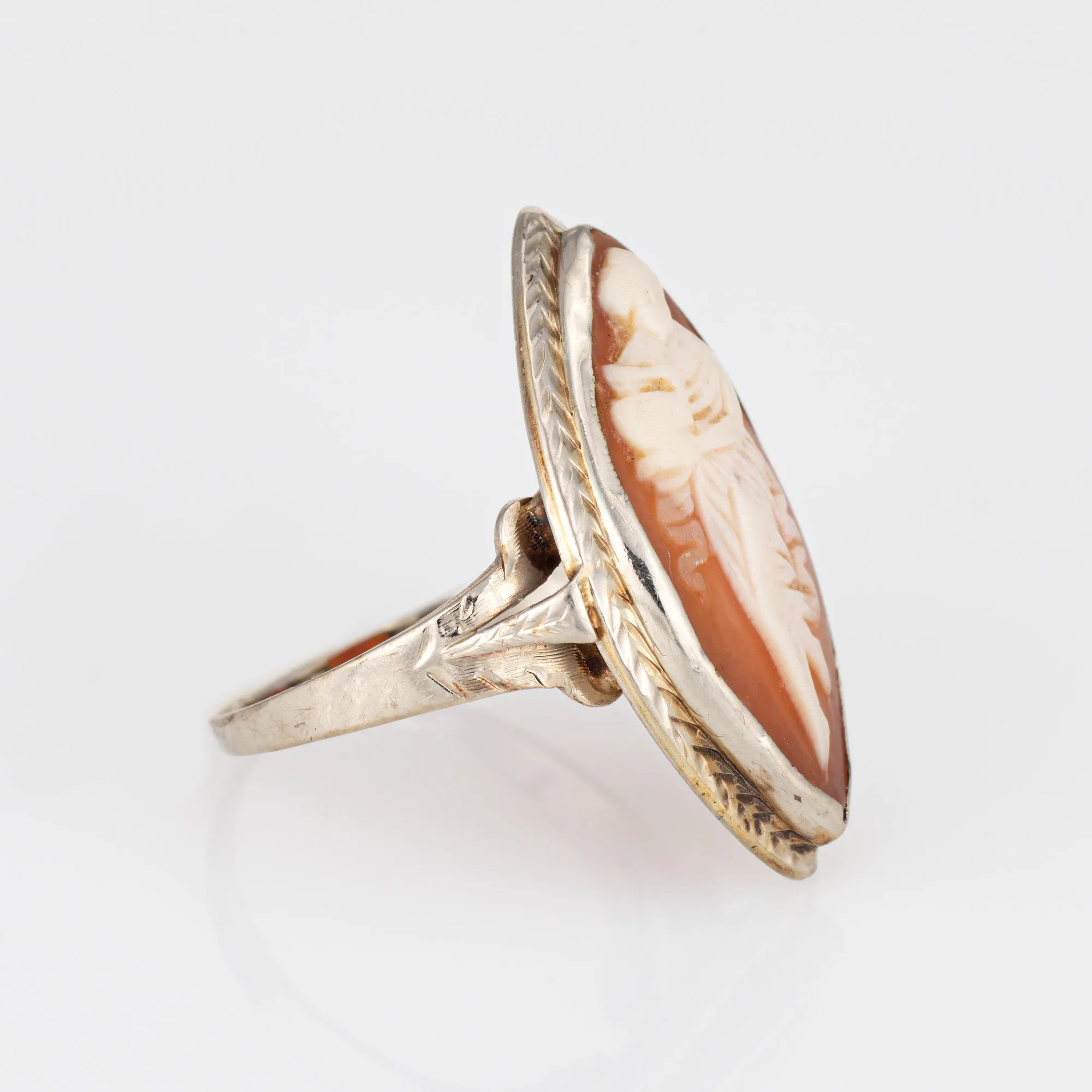 Vintage Art Deco Cameo Ring 14k White Gold Marquise Cocktail Sz 5.75 Jewelry