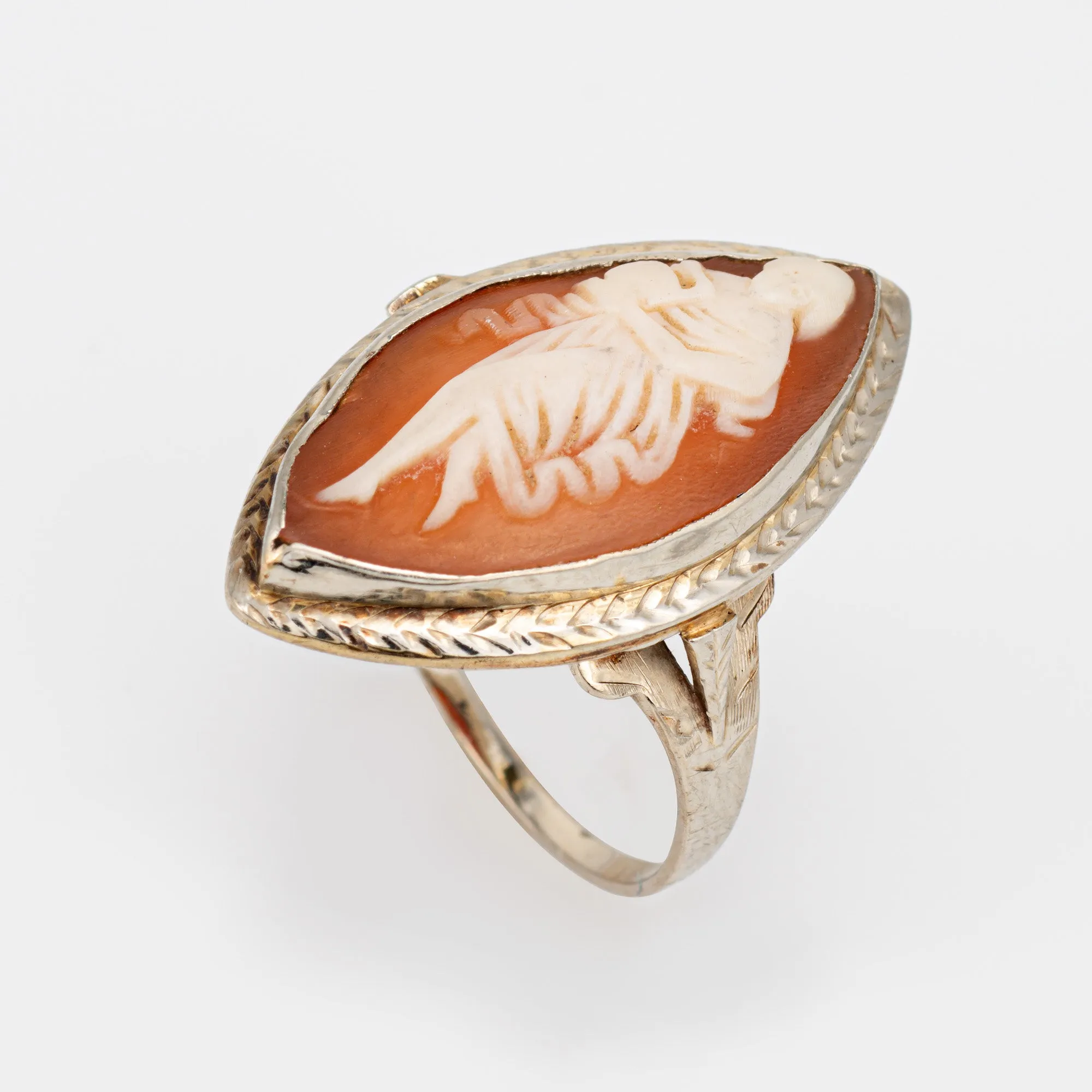 Vintage Art Deco Cameo Ring 14k White Gold Marquise Cocktail Sz 5.75 Jewelry