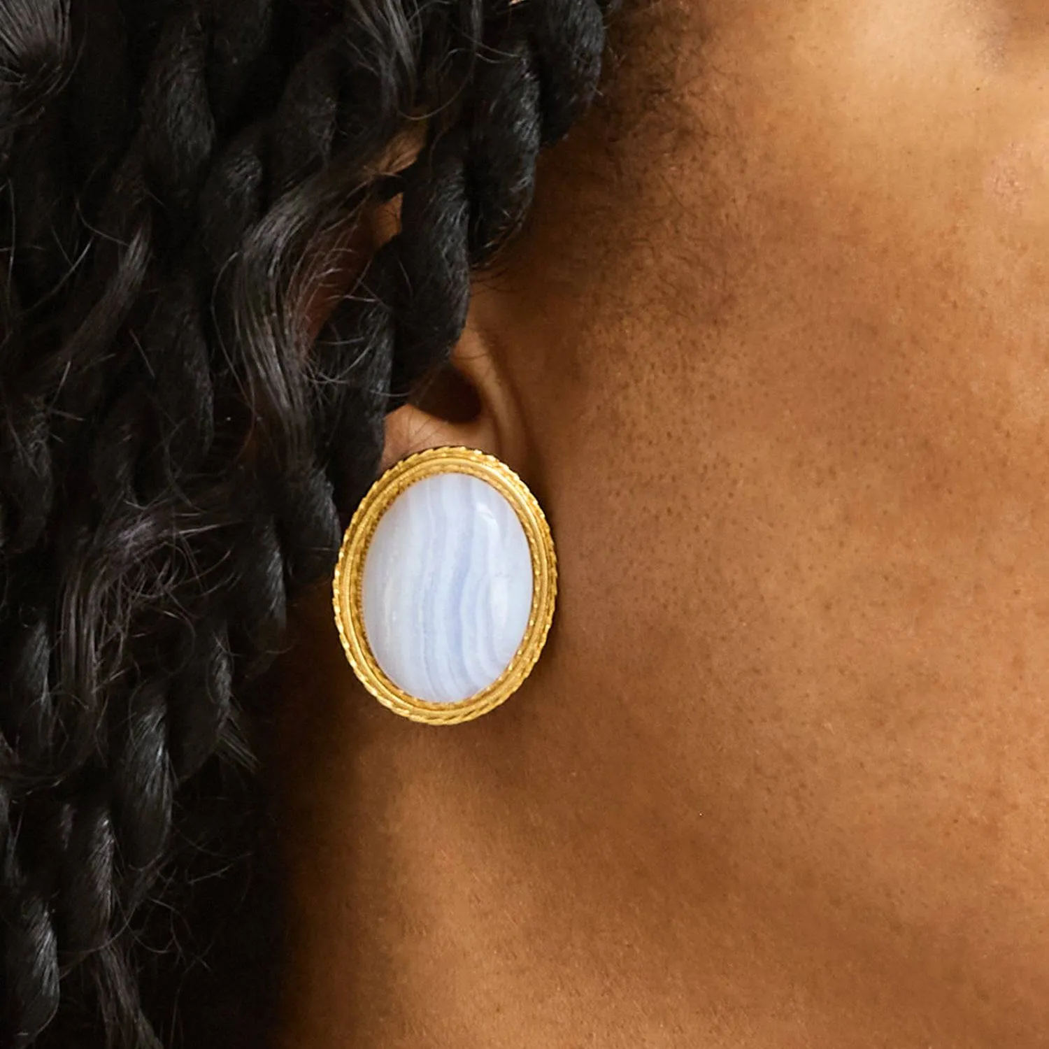 Vintage Blue Lace Agate Cameo Earrings