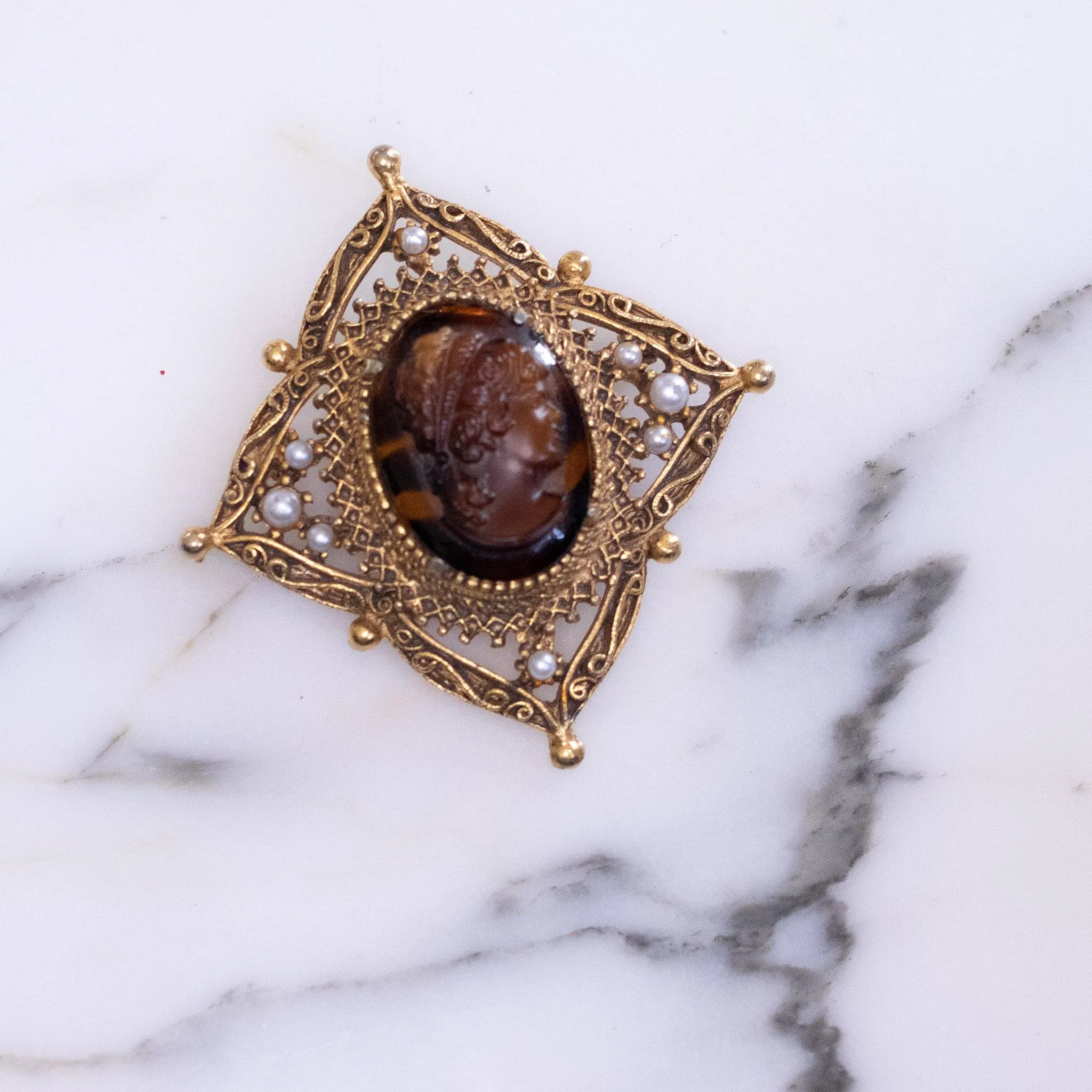 Vintage Florenza Cameo Tortoise with Faux Pearls