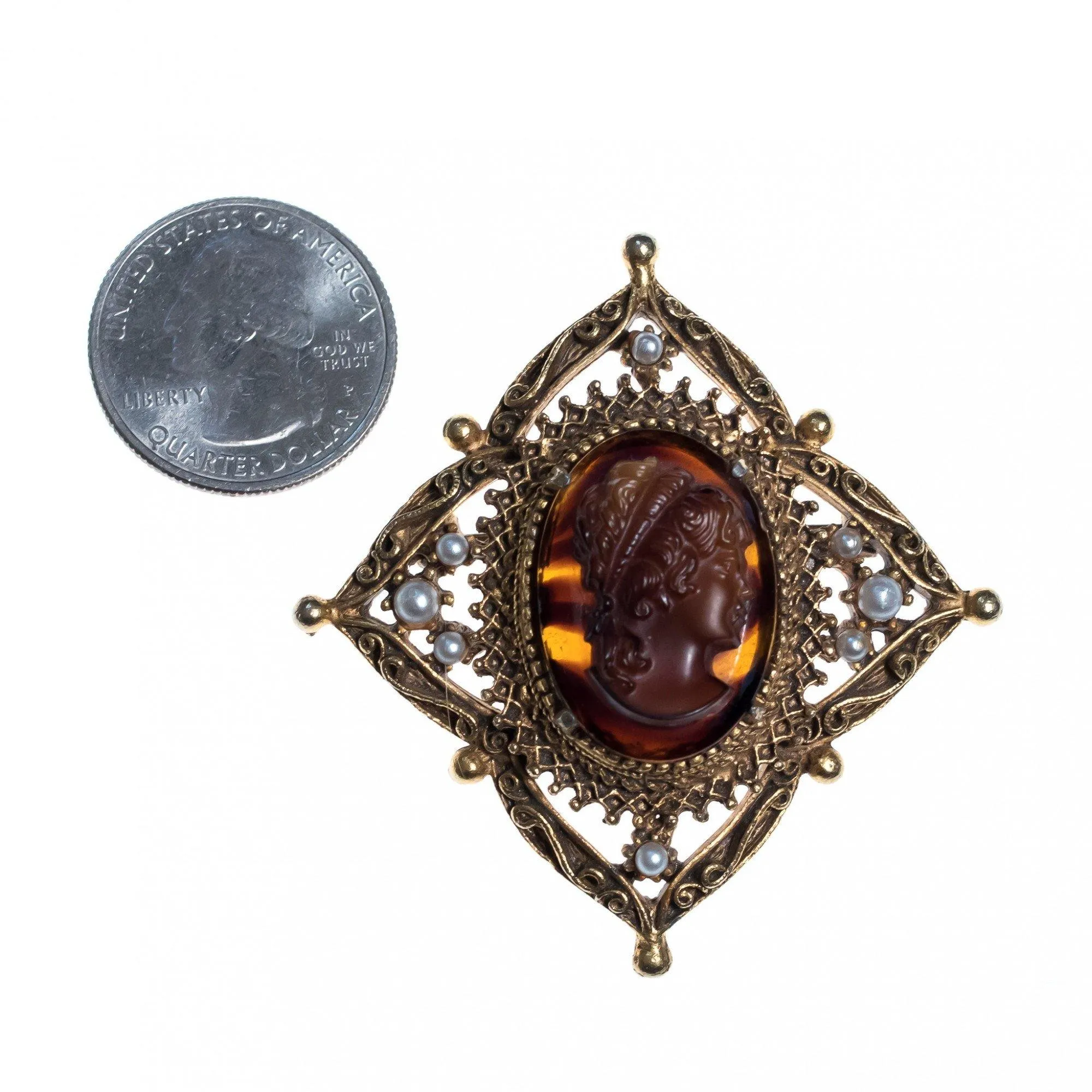 Vintage Florenza Cameo Tortoise with Faux Pearls