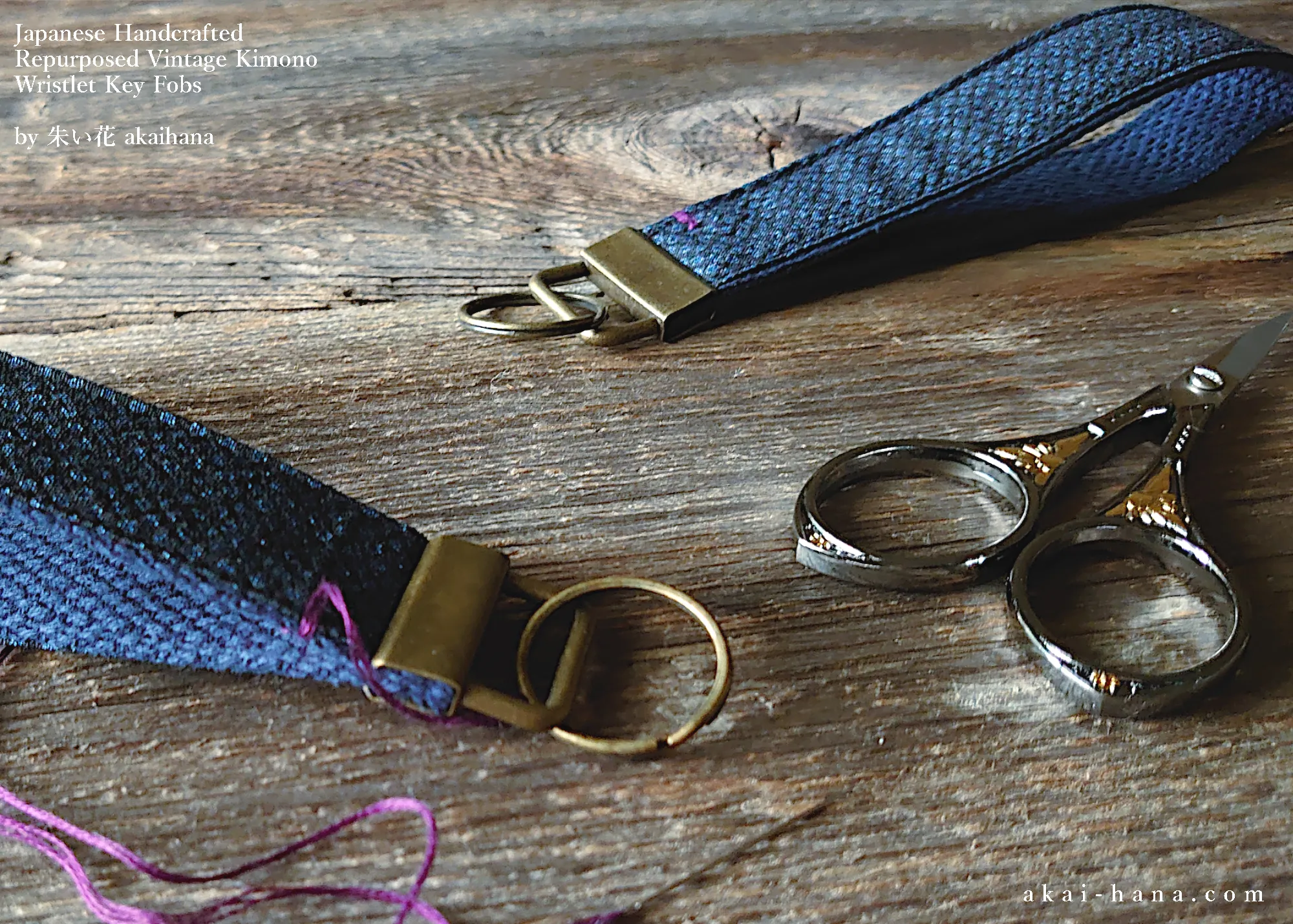 Vintage Kimono Wristlet Key Fobs with One Stitch, Kanoko Navy ⦿kfvk0001