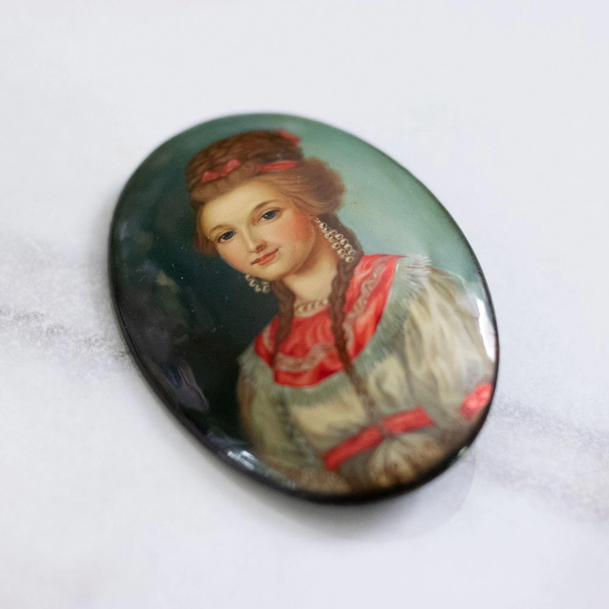Vintage Russian Lacquer Hand Painted Princess Brooch
