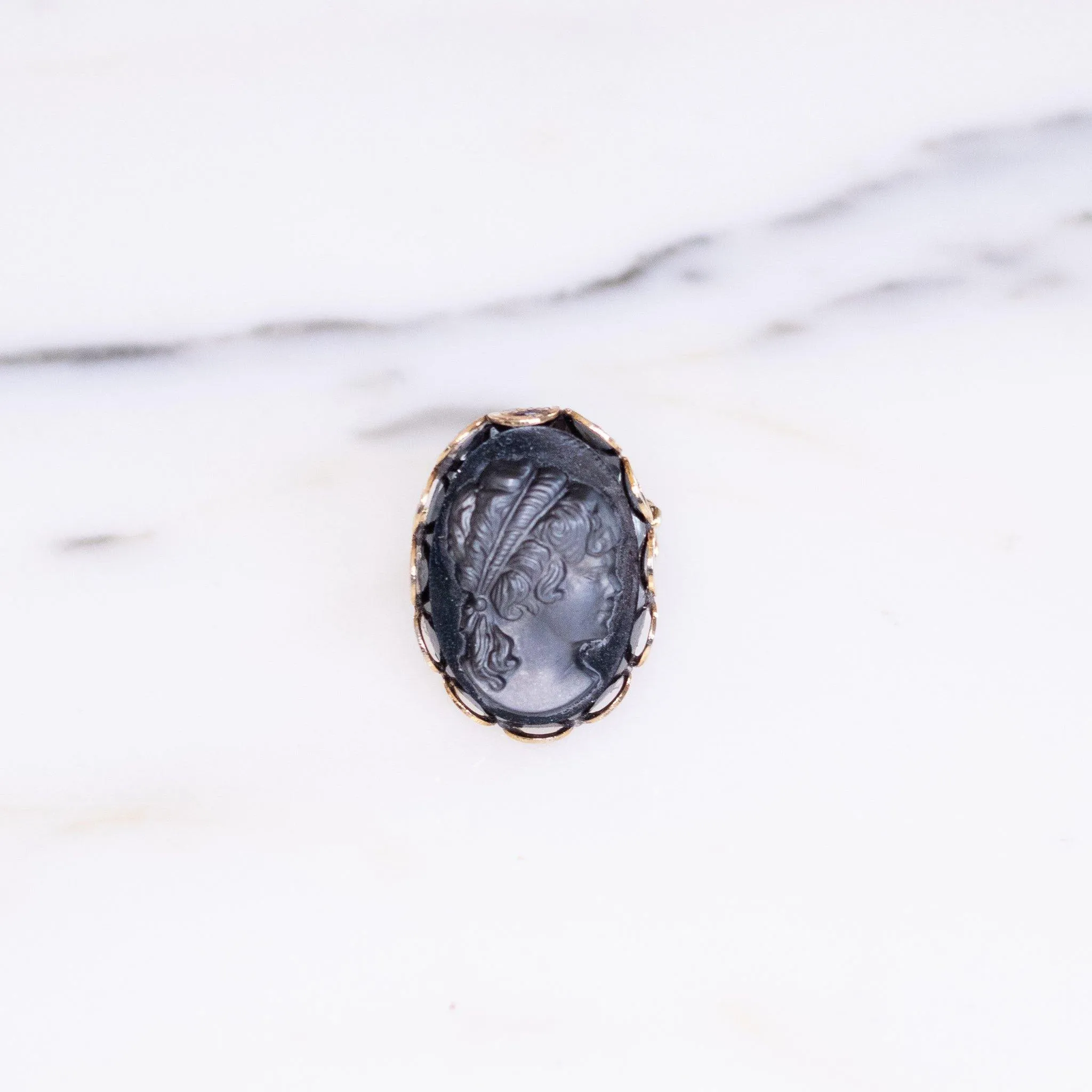 Vintage West Germany Black Glass Carved Cameo Ring