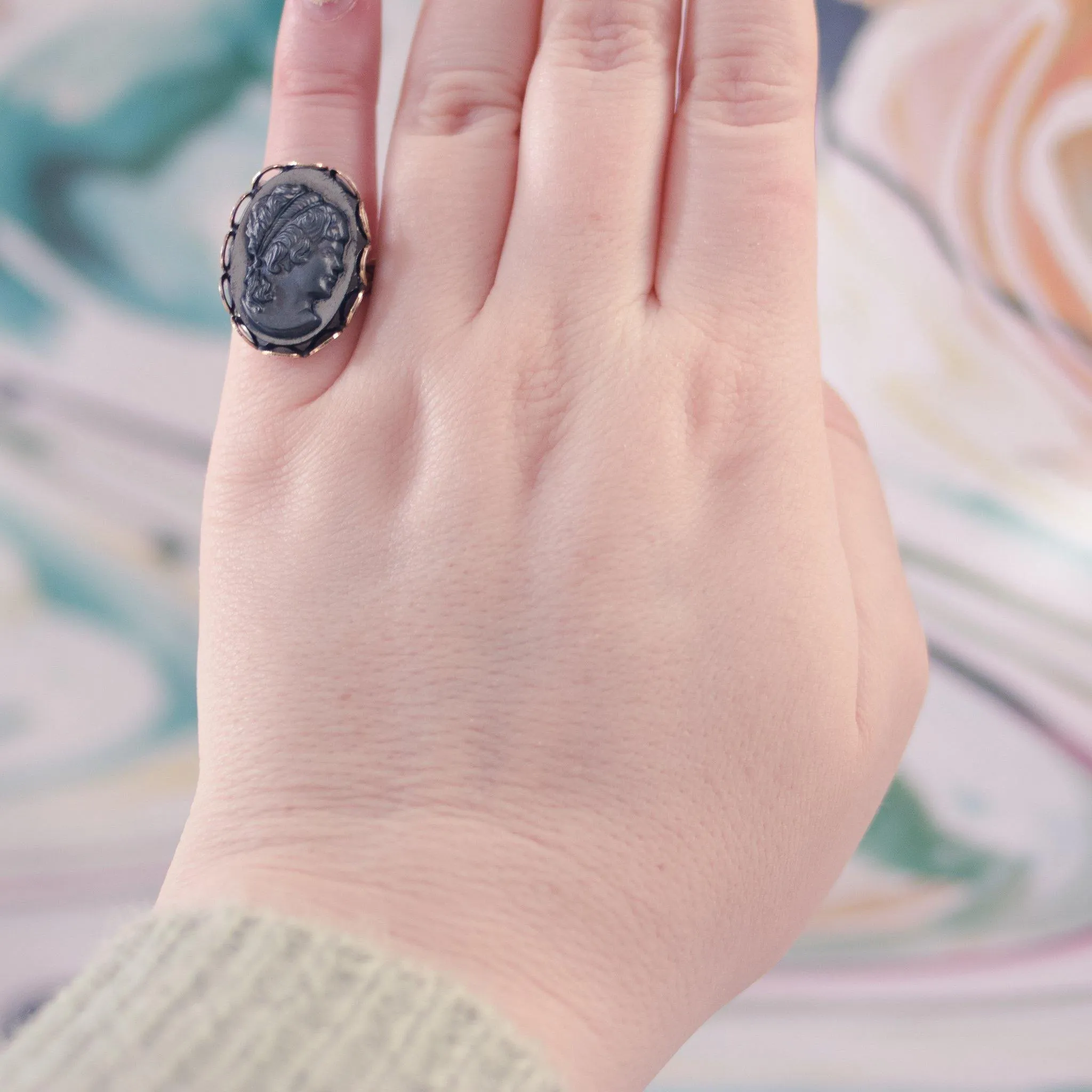 Vintage West Germany Black Glass Carved Cameo Ring