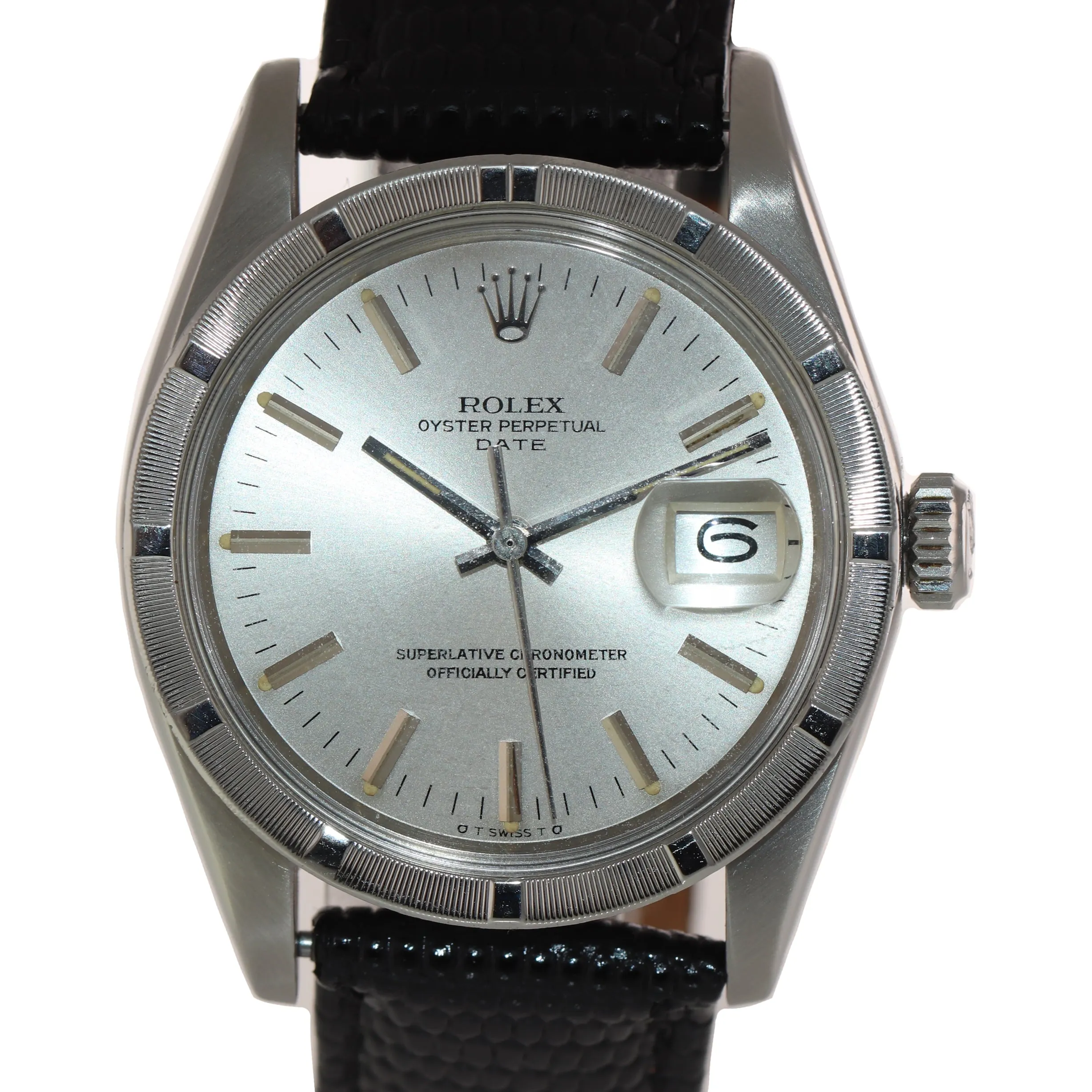 VTG Rolex Oyster Date 1501 34mm Steel Engine Turned Silver Oyster Watch