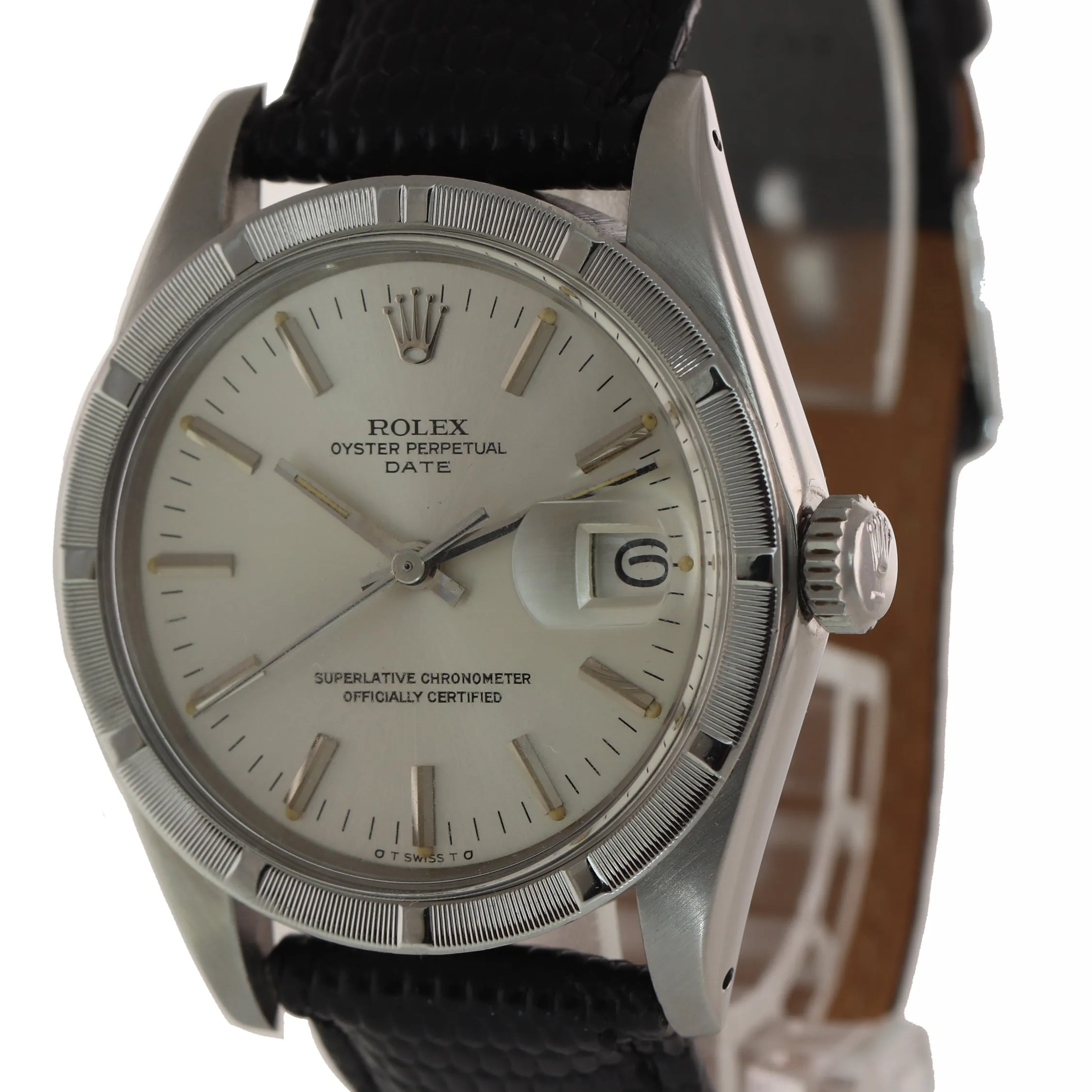 VTG Rolex Oyster Date 1501 34mm Steel Engine Turned Silver Oyster Watch