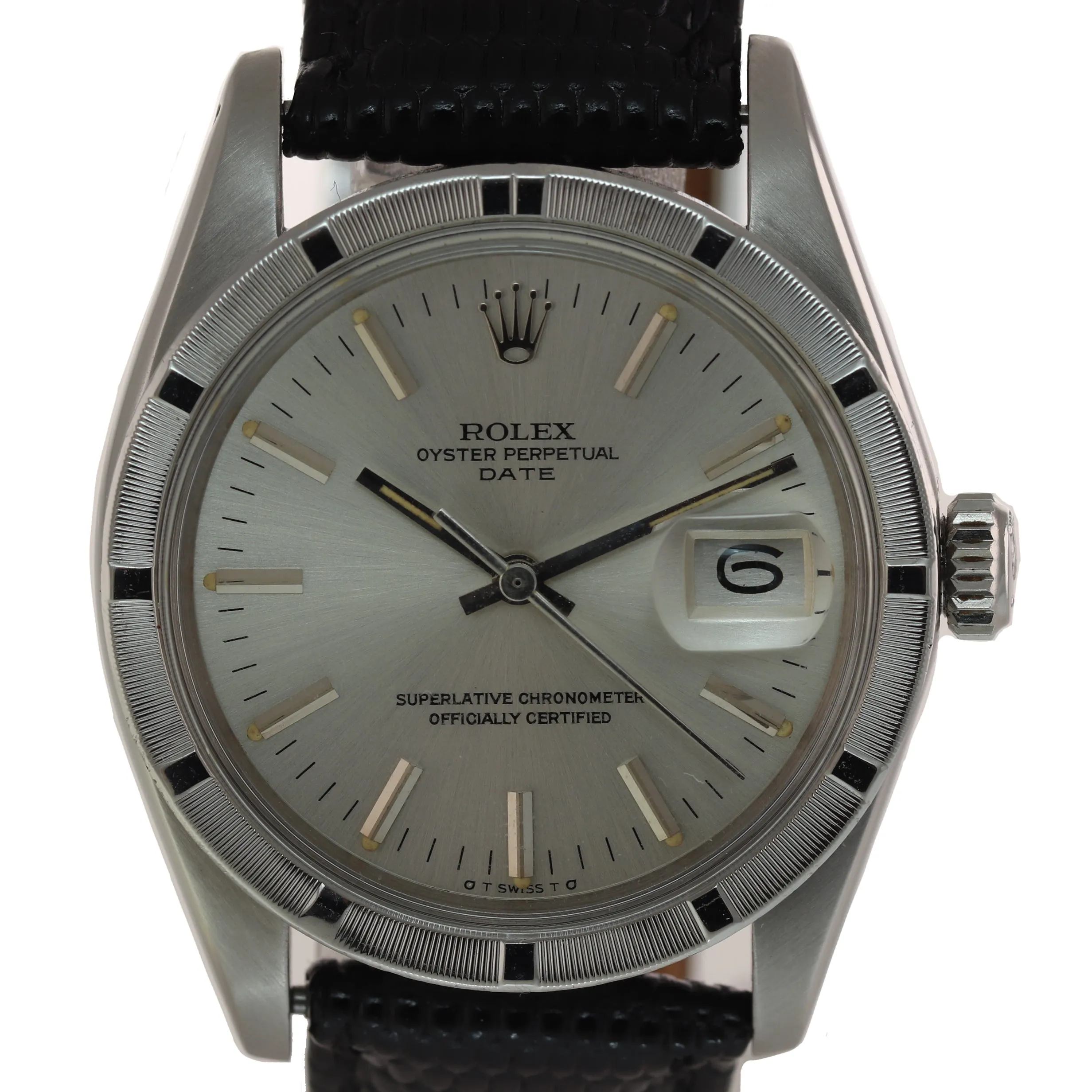 VTG Rolex Oyster Date 1501 34mm Steel Engine Turned Silver Oyster Watch