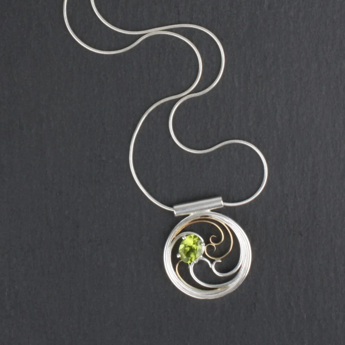 Waves Necklace - Silver & Gold with Peridot