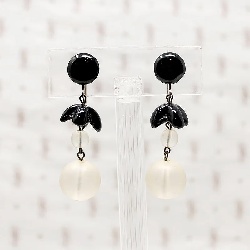 West German Black & White Glass Dangle Earrings