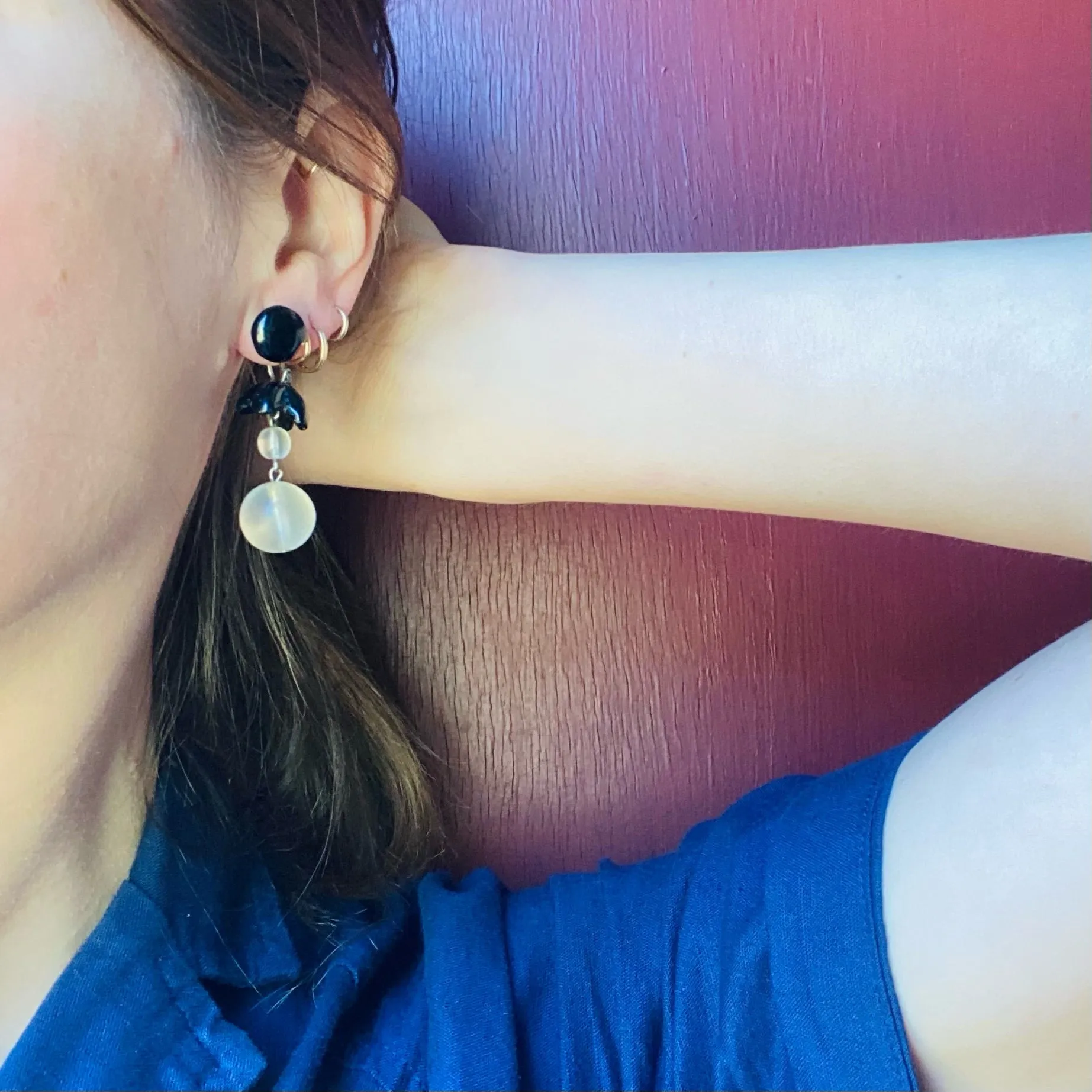 West German Black & White Glass Dangle Earrings