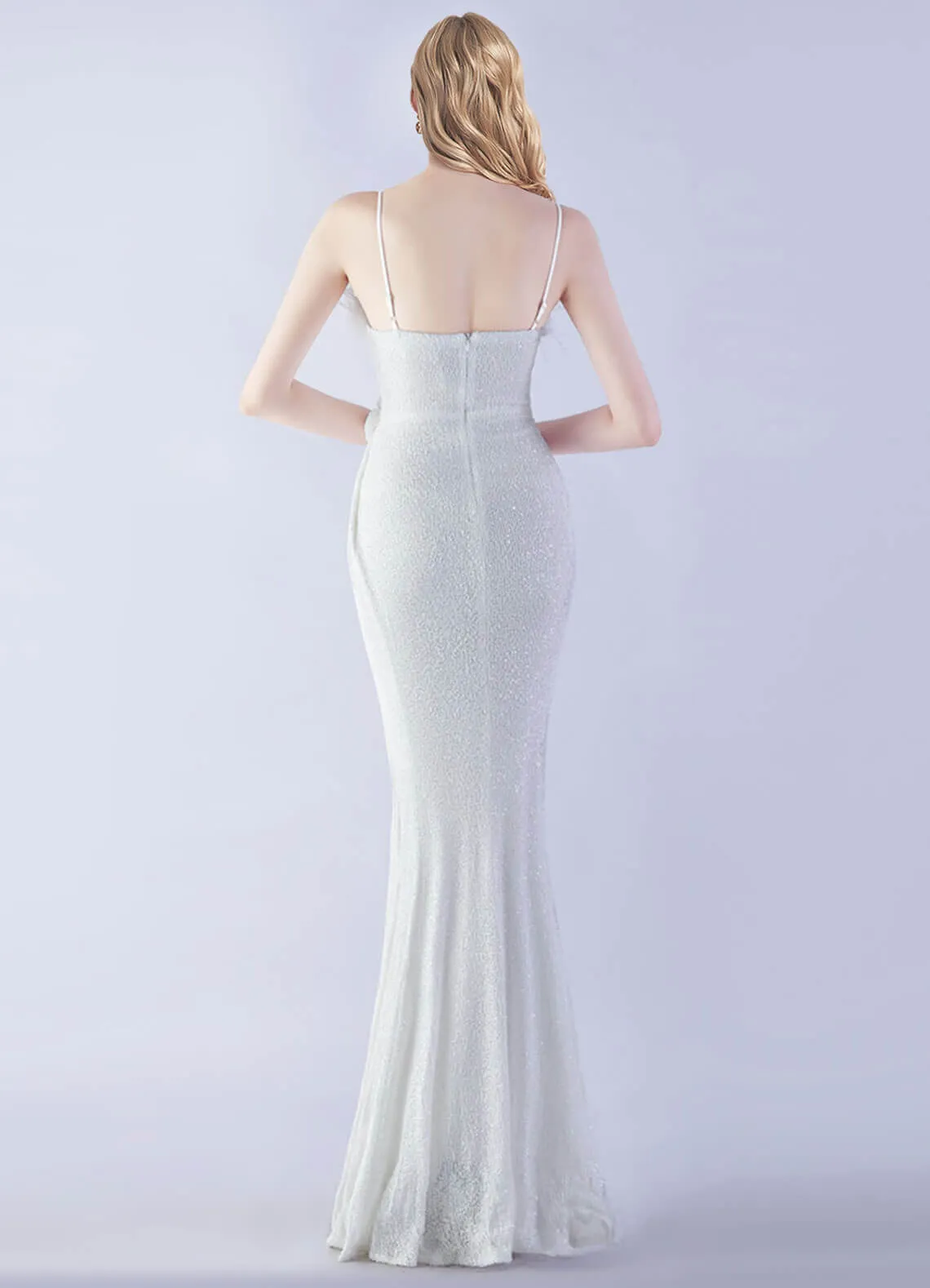 White Luxury Feather Spaghetti Straps Sequin Maxi Formal Gown