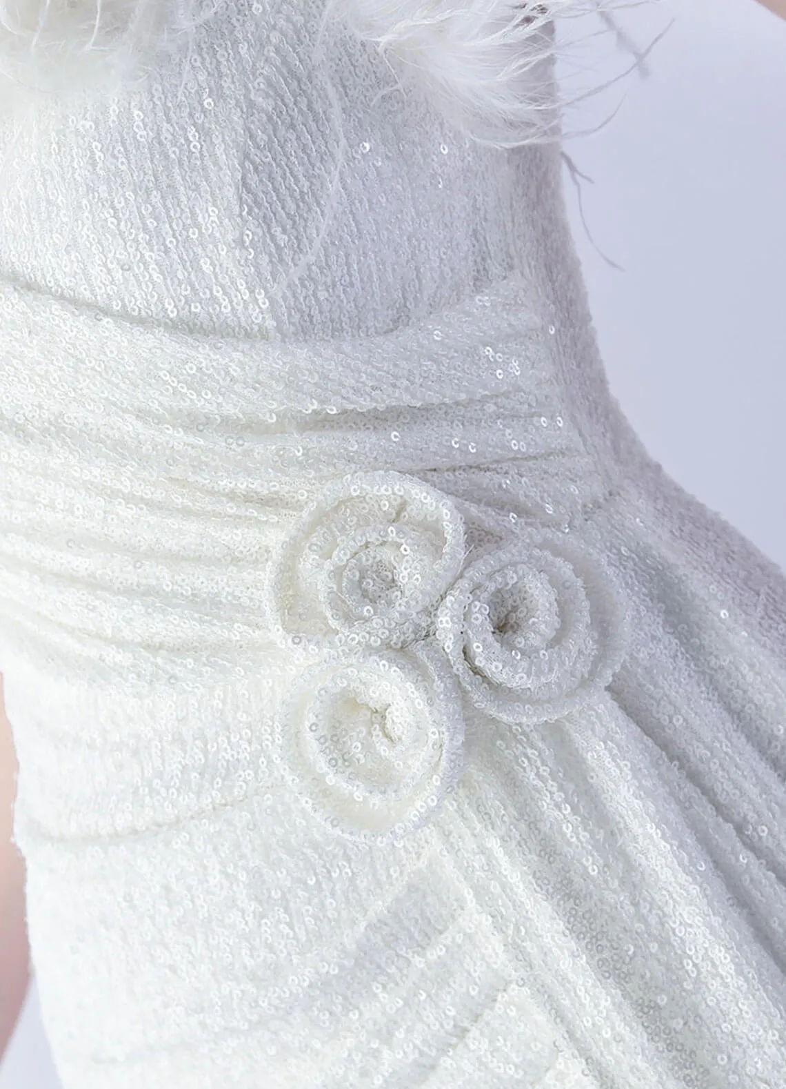 White Luxury Feather Spaghetti Straps Sequin Maxi Formal Gown