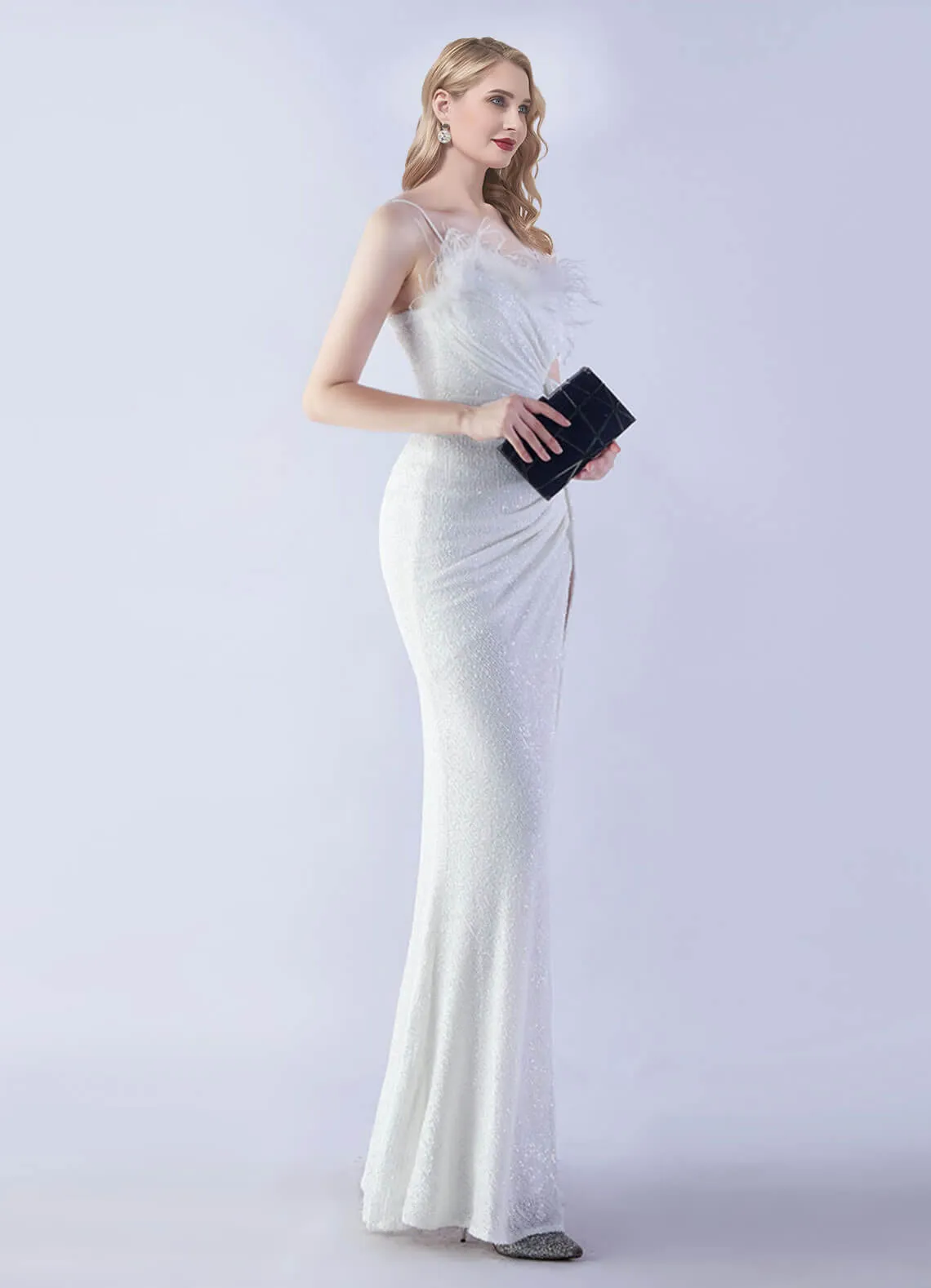 White Luxury Feather Spaghetti Straps Sequin Maxi Formal Gown