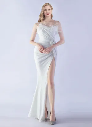 White Luxury Feather Spaghetti Straps Sequin Maxi Formal Gown