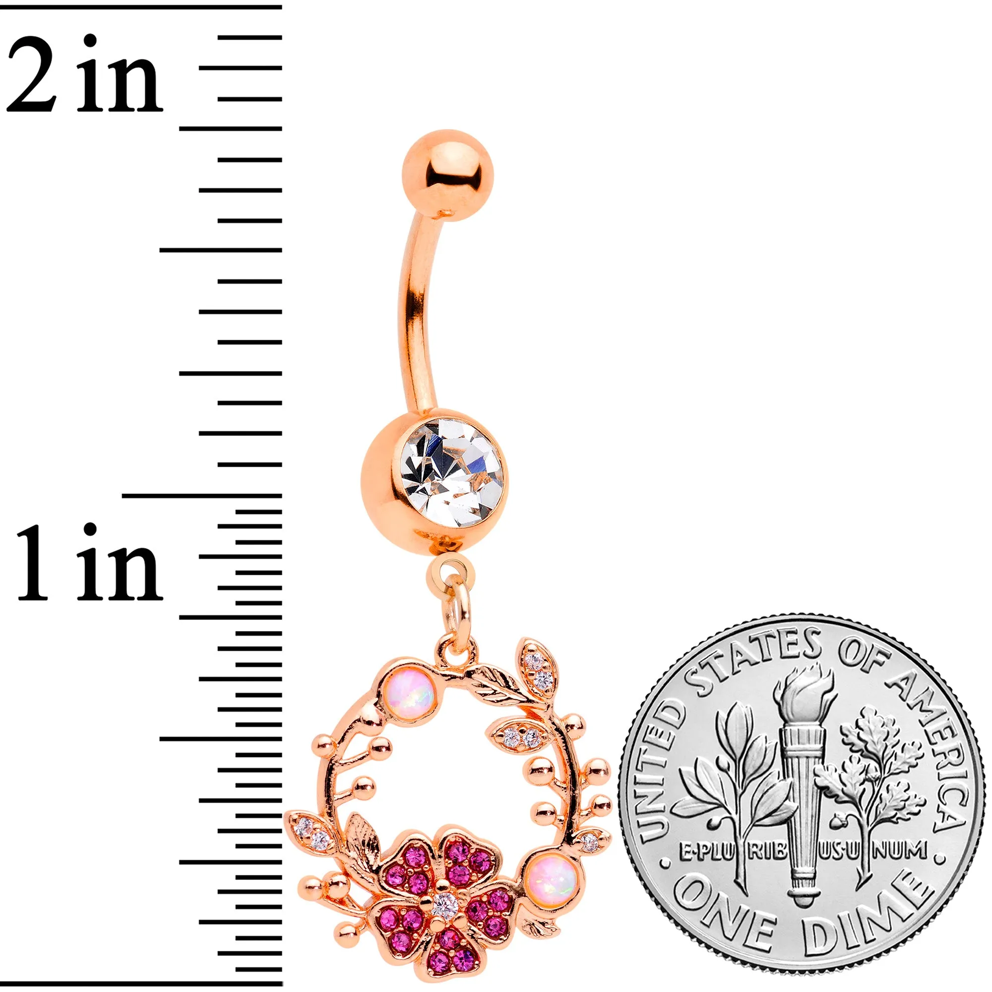 White Synthetic Opal Rose Gold Tone Pink Flower Dangle Belly Ring